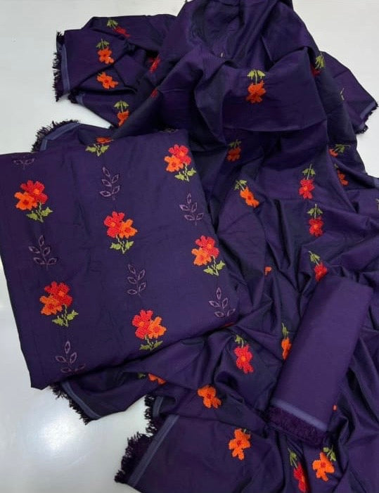 Tajbari Winter Khadi Silk Three Piece 22 - Royal Purple Floral