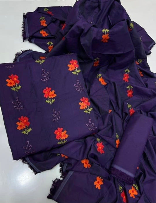 Tajbari Winter Khadi Silk Three Piece 22 - Royal Purple Floral