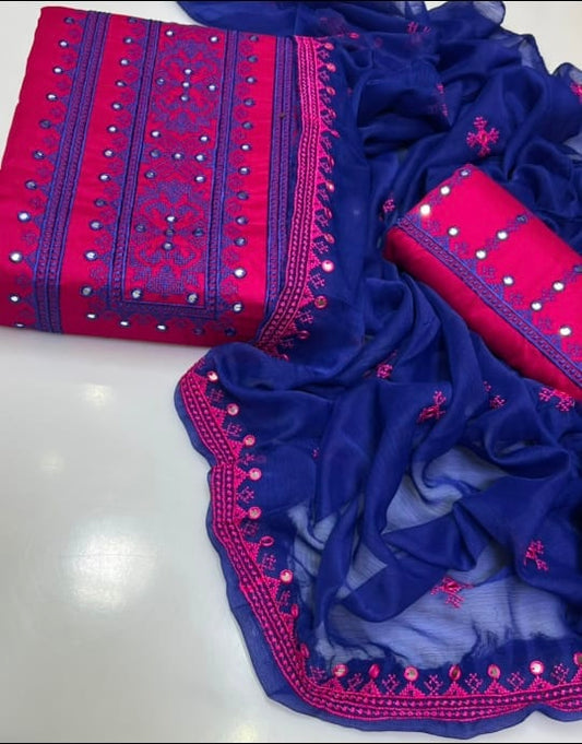 Tajbari Winter Khadi Silk Three Piece 23 - Rani Pink & Royal Blue