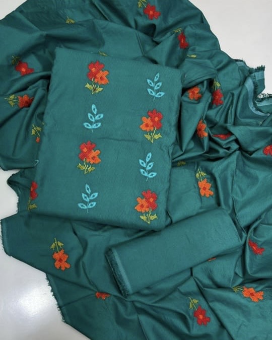 Tajbari Winter Khadi Silk Three Piece 24 - Sea Green Floral