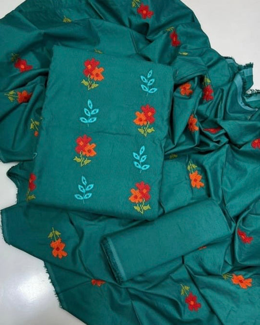 Tajbari Winter Khadi Silk Three Piece 24 - Sea Green Floral